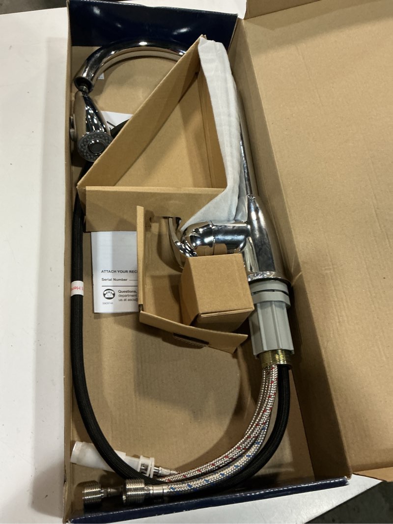 Condition photo showing As Is for project source tucker chrome single handle pull-down kitchen faucet with sprayer (deck plate included)