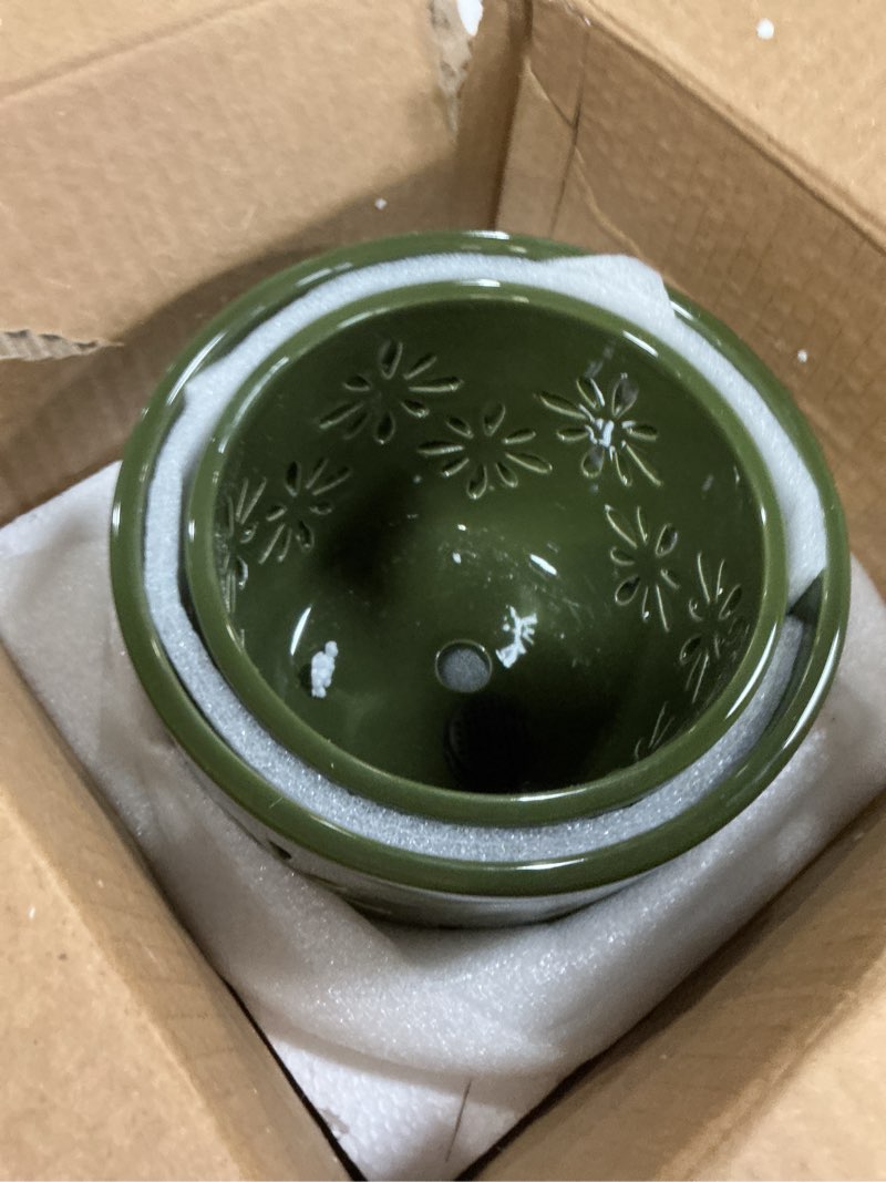Condition photo showing Good Condition for 6+5 inch orchid pots with holes, ceramic orchid pots for repotting, healthy air circulation plant pots for plant lovers, planters for indoor plants -2 pack patina