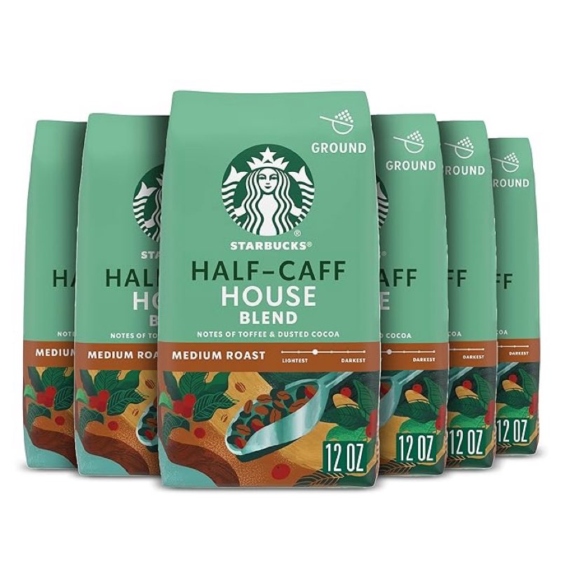 (best before:jun/09/2026)starbucks ground coffee, medium roast coffee, half-caff house blend, 100% arabica, 6 bags (12 oz each)