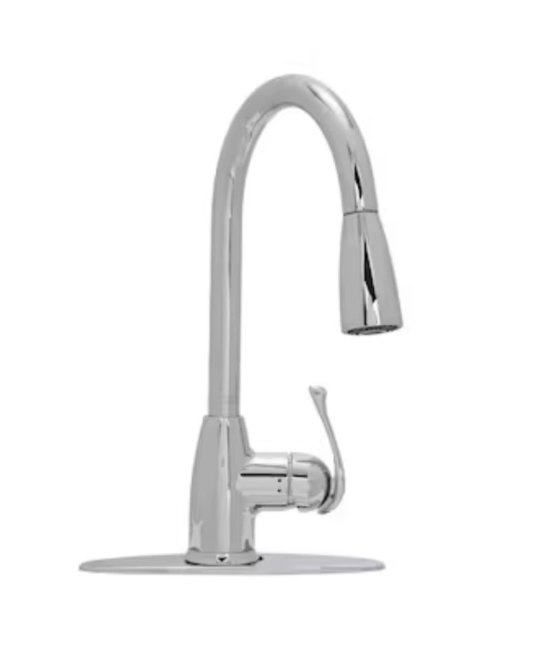 project source tucker chrome single handle deck-mount pull-down kitchen faucet with sprayer (includes deck plate)