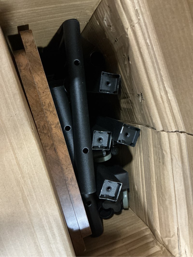 Condition photo showing As Is for siducal mobile standing desk, portable stand up desk, small adjustable converter with wheels home office workstation, rolling laptop cart for sitting, rustic brown standard rustic brown