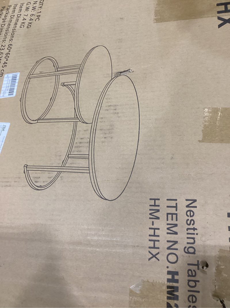 Condition photo showing New/Like New for aboxoo Round Nesting Coffee Table Side Table Set of 2 End Tables for Living Room Bedroom Balcony, White Faux Marble Wooden Table Accent Coffee Table with Black Steel Frame