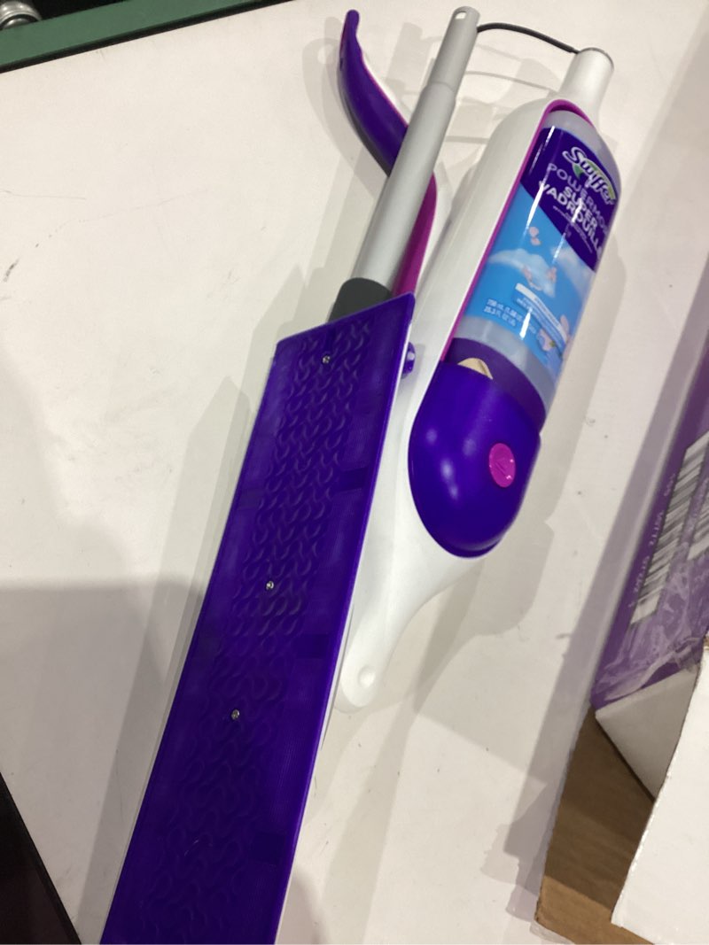 Condition photo showing Good Condition for swiffer powermop multi-surface mop kit for floor cleaning, includes powermop, 2 mopping pad refills, 1 cleaning solution with fresh scent and 2 batteries purple and white