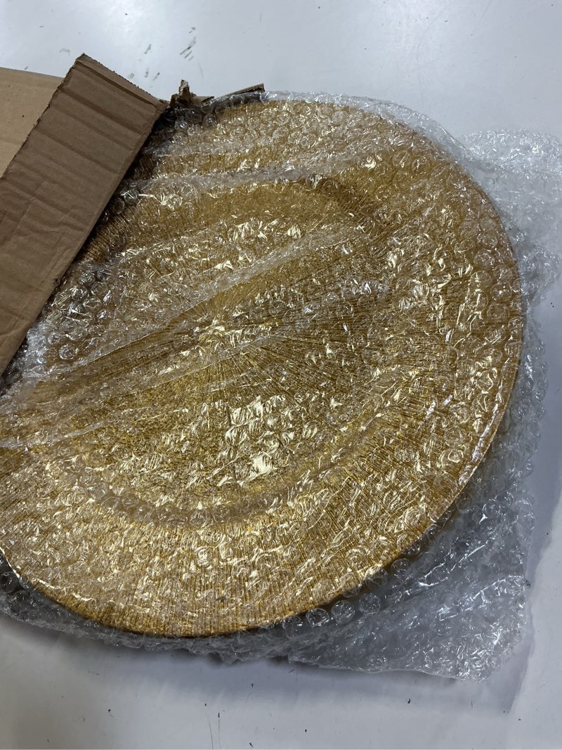Condition photo showing Good Condition for 13 inch gold charger plates, round reef pattern, plastic, set of 12, for dinner plates, wedding decor, table setting (irregular)