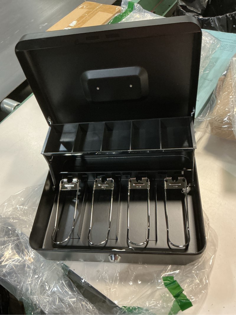 Condition photo showing Good Condition for Uniclife Cash Box with Money Tray and Lock, Large Money Box for Cash Register, Safe Metal Lock Box with Key, Portable Money Saving Box, Black Metal Cash Drawer, 11.9" x 9" x 3.7"