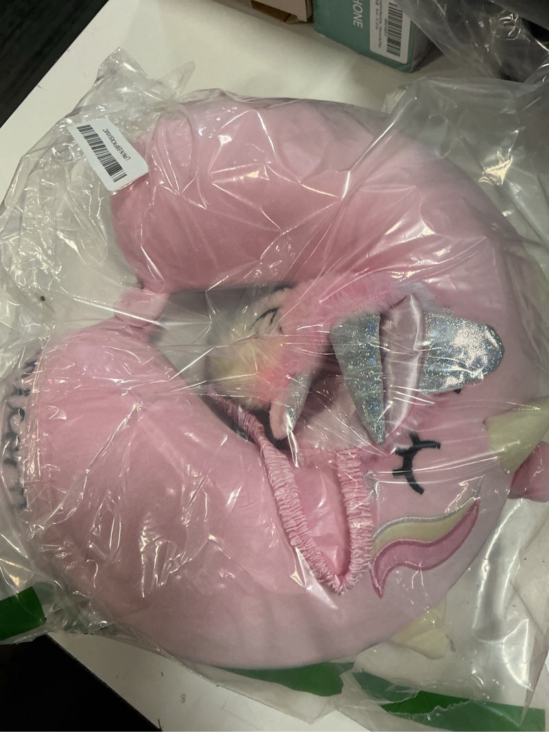 Condition photo showing As Is for kids neck pillow, unicorn kids travel neck pillow for traveling with eye mask, toddler travel essentials for road trip airplane car seat, cute headrest memory foam pillows for girl gift (pink)