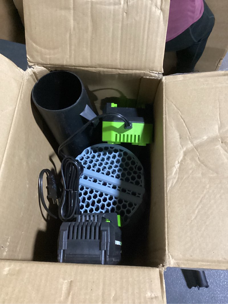Condition photo showing As Is for workpro 20v cordless leaf blower with 5 adjustable speeds, 350 cfm powered blower sweeper for lawn care snow blowing yard cleaning, 4.0ah larger capacity battery and quick charger included