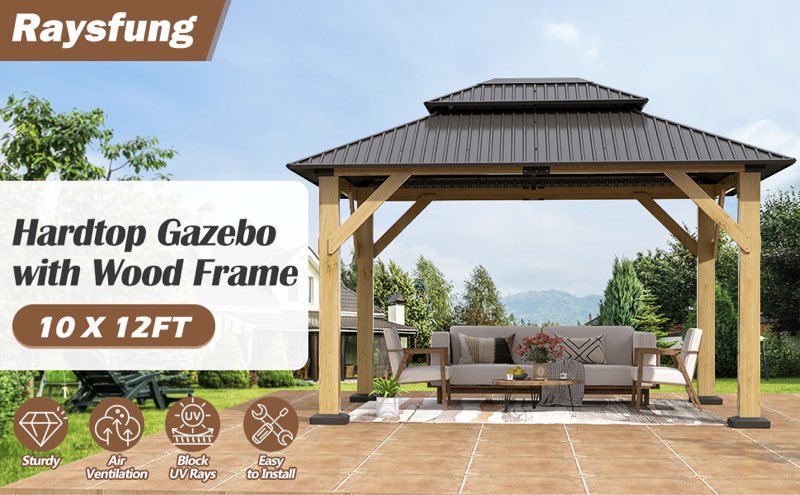 (Incomplete box 4/4 only) 10'x12' Wood Gazebo,Outdoor Cedar Wood Hardtop Gazebo with Galvanized Steel Double Roof, Wooden Frame Gazebos for Patio Backyard Deck