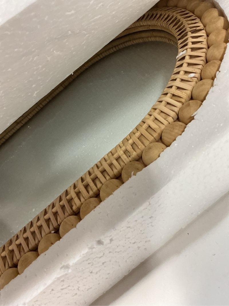 Condition photo showing New/Like New for Arched Rattan Wall Mirror – 16x24 Inch Boho Elegance with Woven Frame and Wooden Bead Trim, Decorative Mirror for Bathroom Vanity Entryway Living Room 15.8"L x 23.6"W