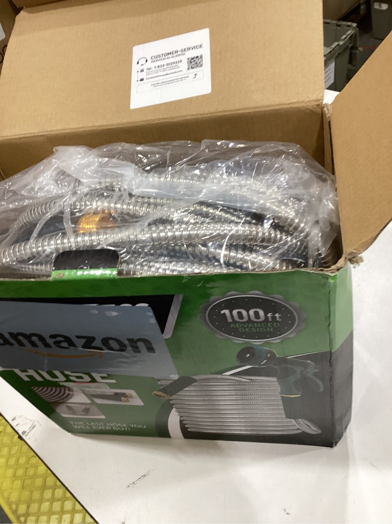 Condition photo showing New/Like New for garden hose 100ft, water hose with 10 function nozzle, garden hose metal with leak-proof connectors, no-kink, lightweight, puncture-proof, pet-proof, sturdy, 550psi, hose for outdoor, yard