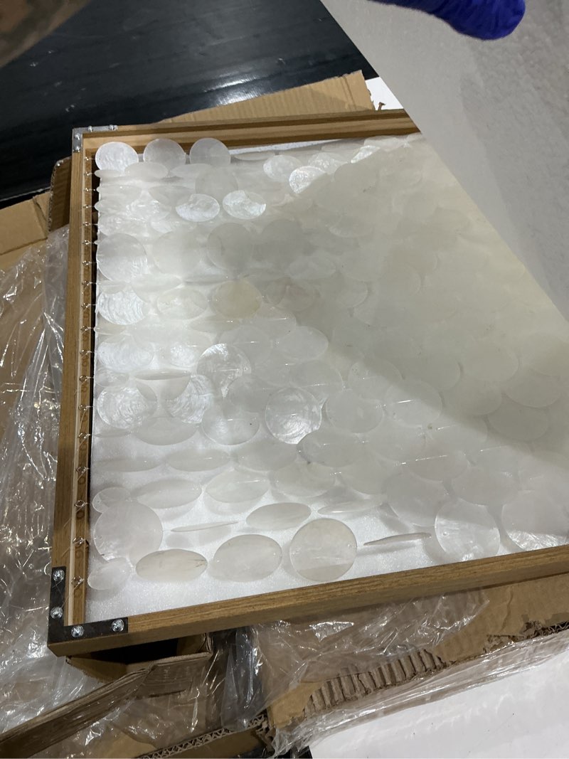 Condition photo showing Good Condition for dhhouse handmade capiz shell wall art, minimalist white shell wall hanging with wooden frame, coastal wall decor for living room, bedroom