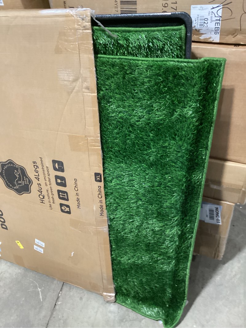 Condition photo showing As Is for hq4us 4legs dog grass pad with tray extra large 45”×34”, dog litter box with odor free artificial grass pee pads for dogs potty tray with hemmed edge, realistic for indoor balcony xl - 45" x 34" for dog? 38'' length