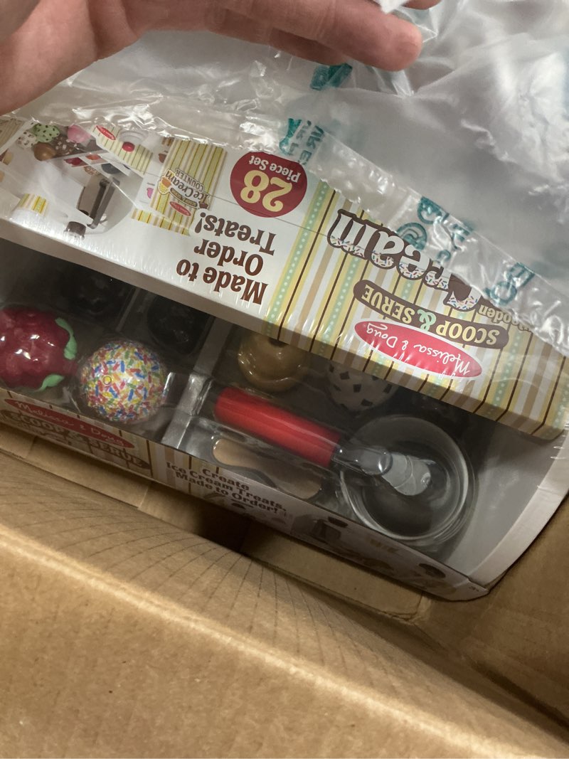 Condition photo showing New/Like New for melissa & doug wooden scoop & serve ice cream counter, pretend play store, 28 toy food & play kitchen accessories, preschool toys for girls & boys 3+ main