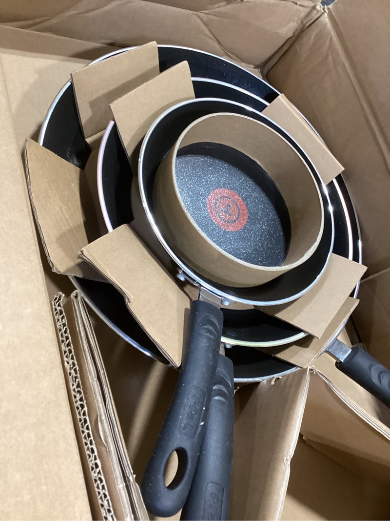 Condition photo showing Good Condition for T-fal Experience Non Stick Fry Pan Set 3 Piece, 8, 10.25, 12 Inch Induction Oven Broiler Safe 400F, Cookware, Kitchen Cooking Set, Pots and Pans, Skillets, Frying Pans, Dining, Dishwasher Safe, Black