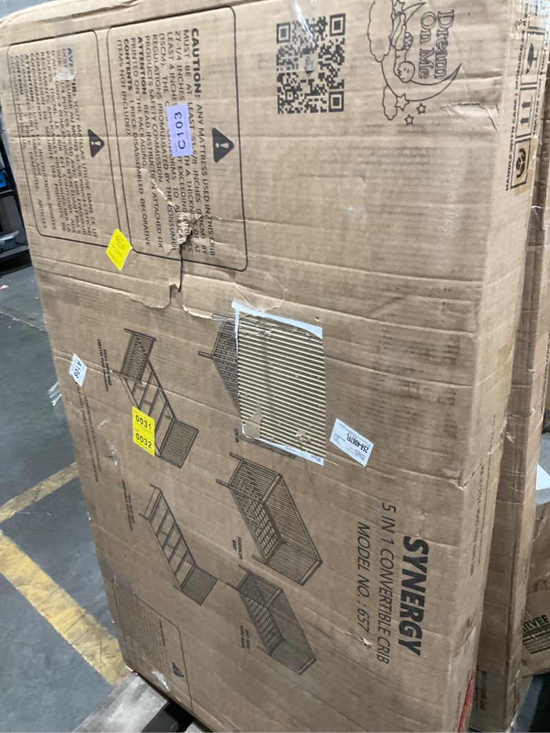 Condition photo showing Good Condition for dream on me synergy 5-in-1 convertible full-size baby crib with toddler, day & full bed conversion in cool grey, greenguard gold & bsa, 3 mattress heights, sustainable pinewood cool grey synergy