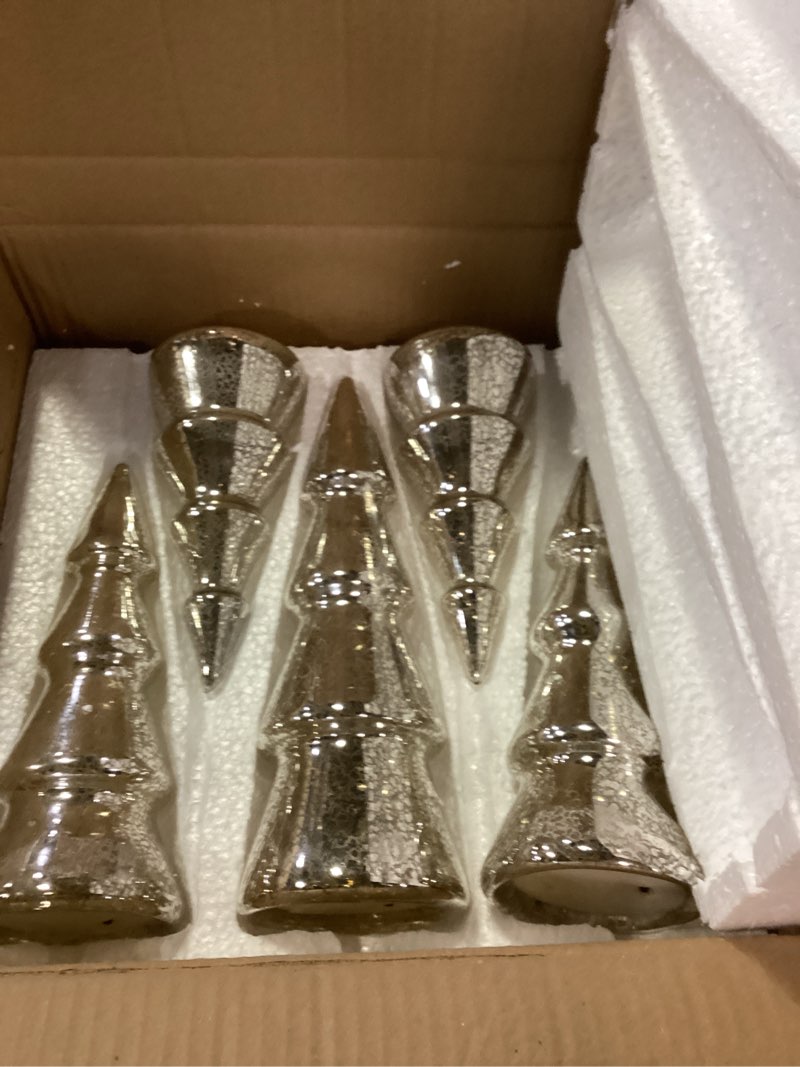 Condition photo showing New/Like New for Retisee Set of 5 Gold Mercury Glass Christmas Tree 11 Inch LED Light up Mercury Glass Christmas Tree for Tabletops Vintage Illuminated Shining Table Centerpiece Decor for Home Xmas Holiday Party