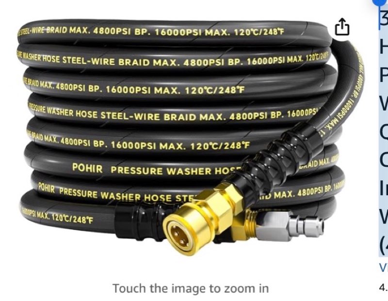 3/8" pressure washer hose 25ft 4800psi, power washer hose steel wire braided with swivel quick connect, commercial grade industrial high pressure water washing hose (4800psi, 25ft