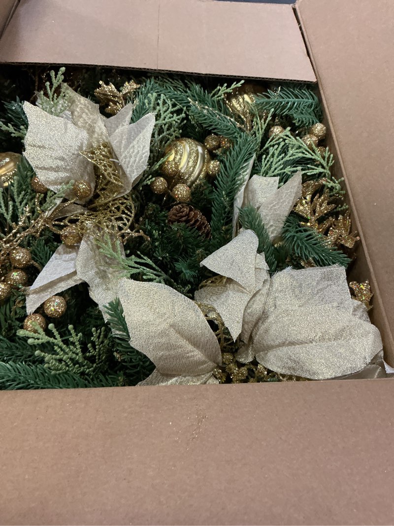 Condition photo showing Good Condition for 9FT Prelit Artificial Christmas Garland with Dual Color LED Lights and Timer by Remote Control and Batteries Operated for Mantle Stairs Fireplace Door Xmas Decoration, Indoor Outdoor, Green Battery Operated Polyvinyl Chloride (PVC) Gold 9FT