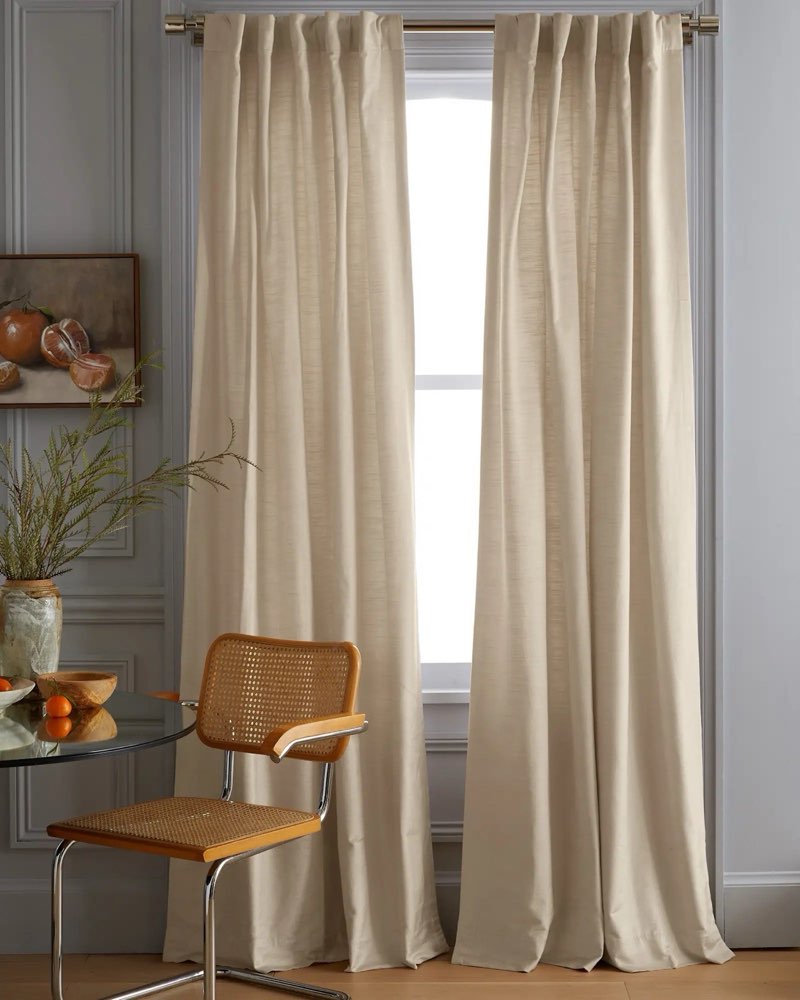 quince velvet luster velvet blackout curtain beige 48\" x 96”  1 pack