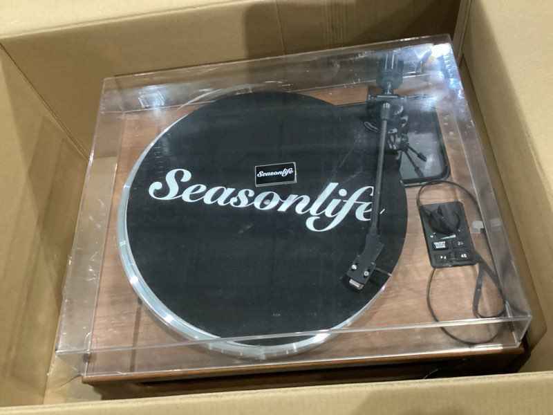 Condition photo showing Good Condition for similar1 by one high fidelity belt drive turntable with built-in speakers, vinyl record player with magnetic cartridge, wireless playback and aux-in functionality, auto off walnut