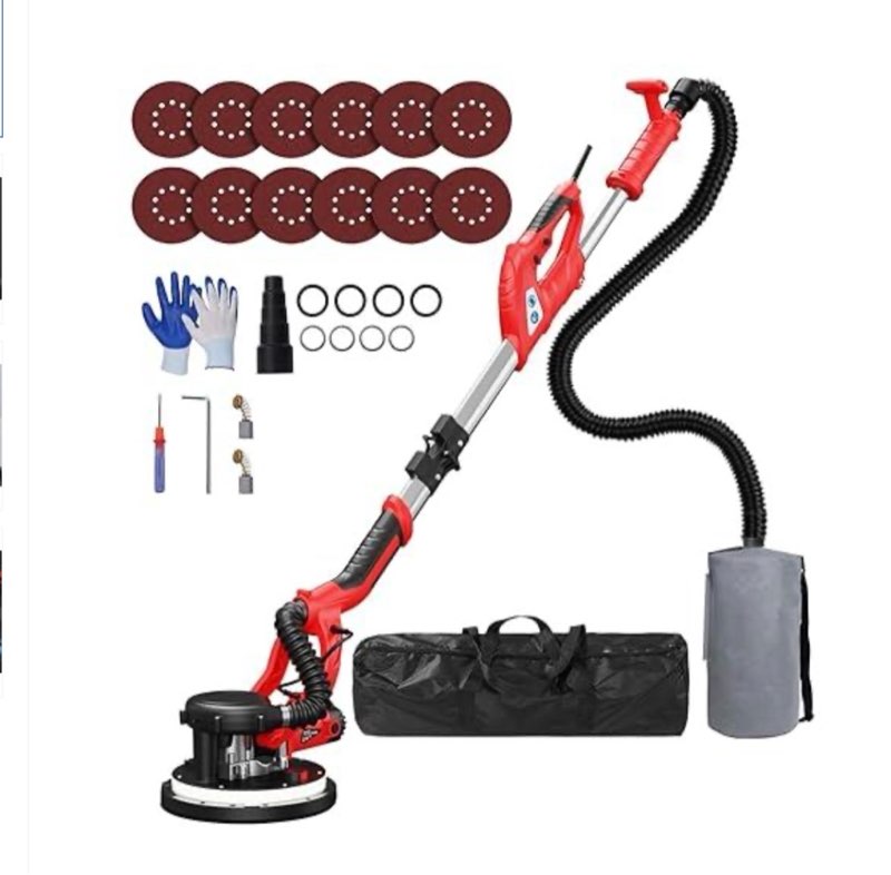 Drywall Sander, 2025 Upgraded 8-Amp Popcorn Ceiling Removal Tool With 7 Variable Speed 800-1800RPM, Drywall Sander With Vacuum Dust Collector With Extendable Handle, LED Light, 12pcs Sanding Discs,Red
