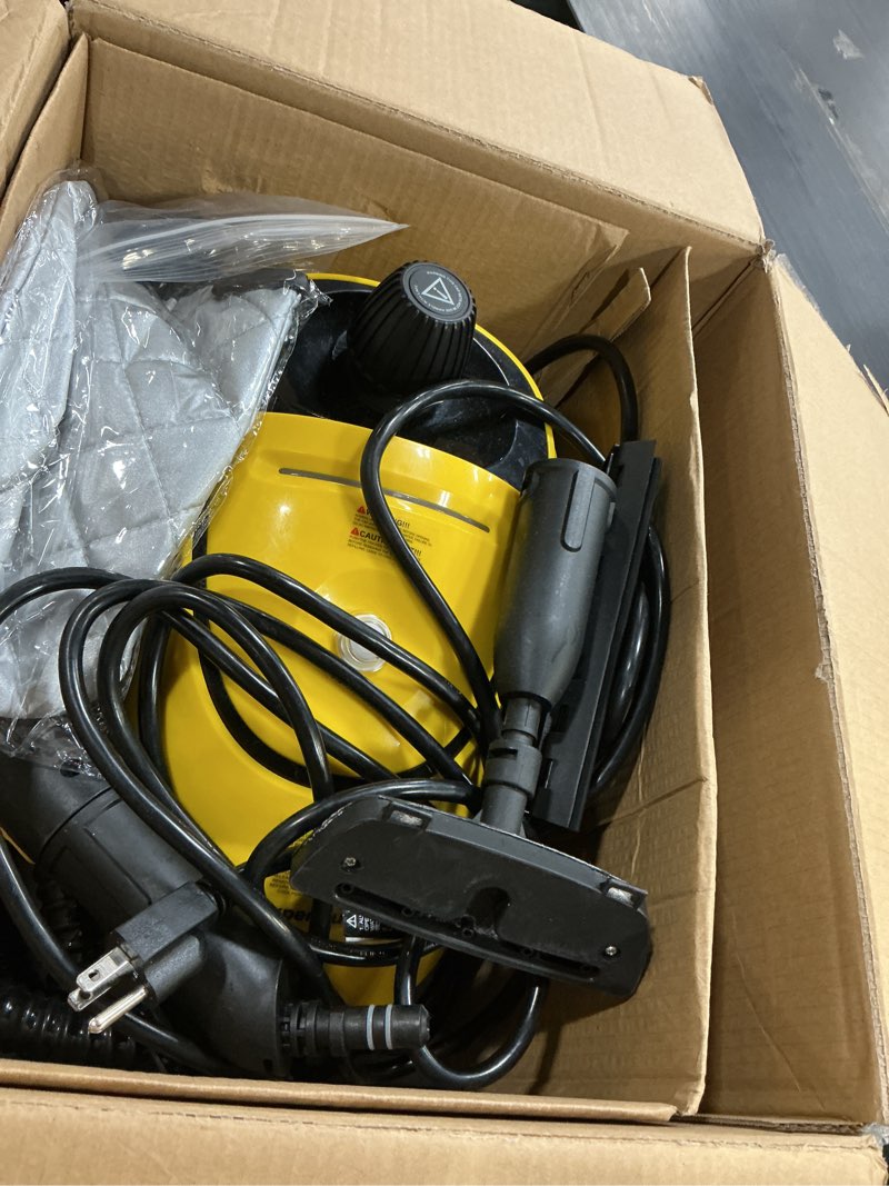 Condition photo showing As Is for heavy duty steam cleaner, 1500w high-temperature mop with 26 accessories, 1.4l portable tank, chemical-free cleaning for floors, tiles, cars & more, child lock for safety, easy operation yellow and black