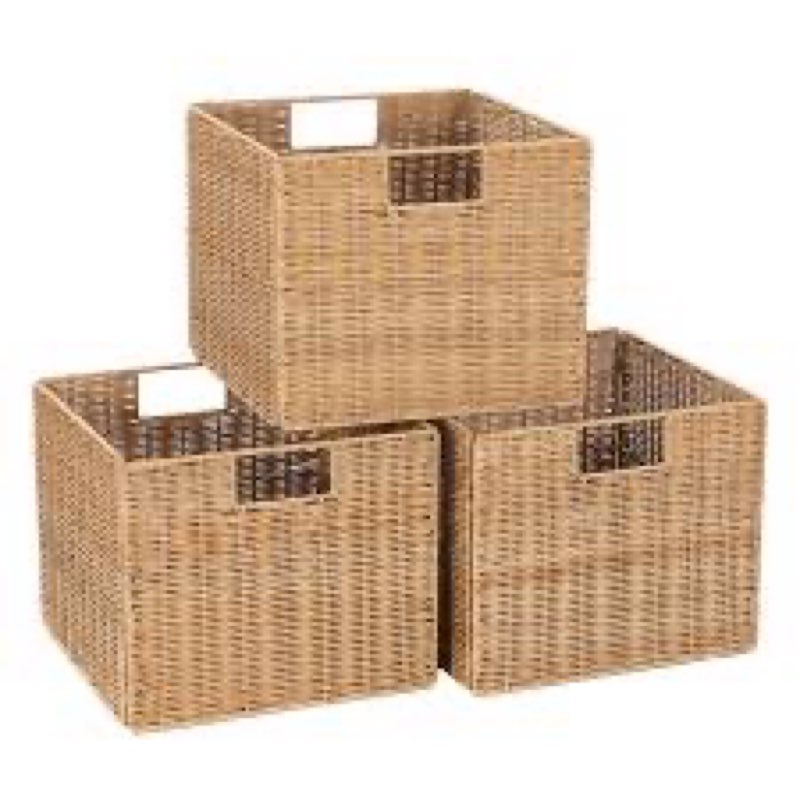 12X12X10in Plastic Wicker Storage Basket, Collapsible Wicker Cube Storage for Shelves, Woven Plastic