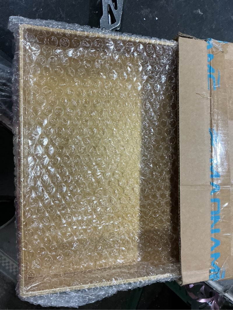 Condition photo showing New/Like New for maoname gold decorative tray for coffee table, modern serving tray with handles, plastic ottoman trays for living room, bathroom decor, 15.8" l x 10.2" w x 1.4" h 15.8" x 10.2" x 1.4" gold