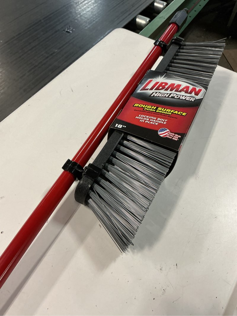 Condition photo showing New/Like New for libman high power outdoor rough surface push broom red black 18