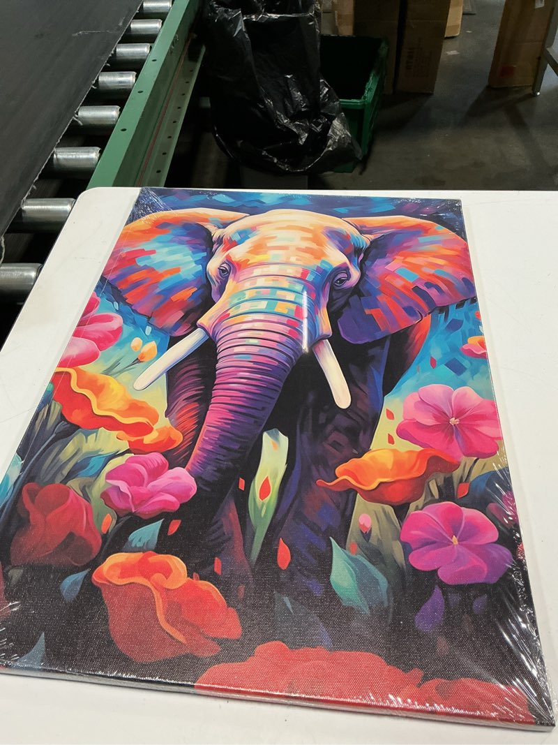 Condition photo showing New/Like New for lyunshuo elephant canvas wall art colorful animal with flowers pictures print africa wildlife painting modern artwork for home wall decor ready to hang(elephant-11,16.00"x24.00") 24"l x 16"w q - elephant with flower