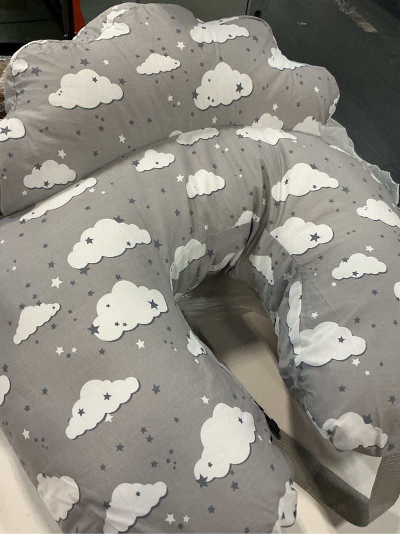 Condition photo showing As Is for nursing pillow – breastfeeding pillows with security fence for enhanced support & comfort – removable cotton cover, adjustable waist strap, newborn essentials must haves baby registry search clouds