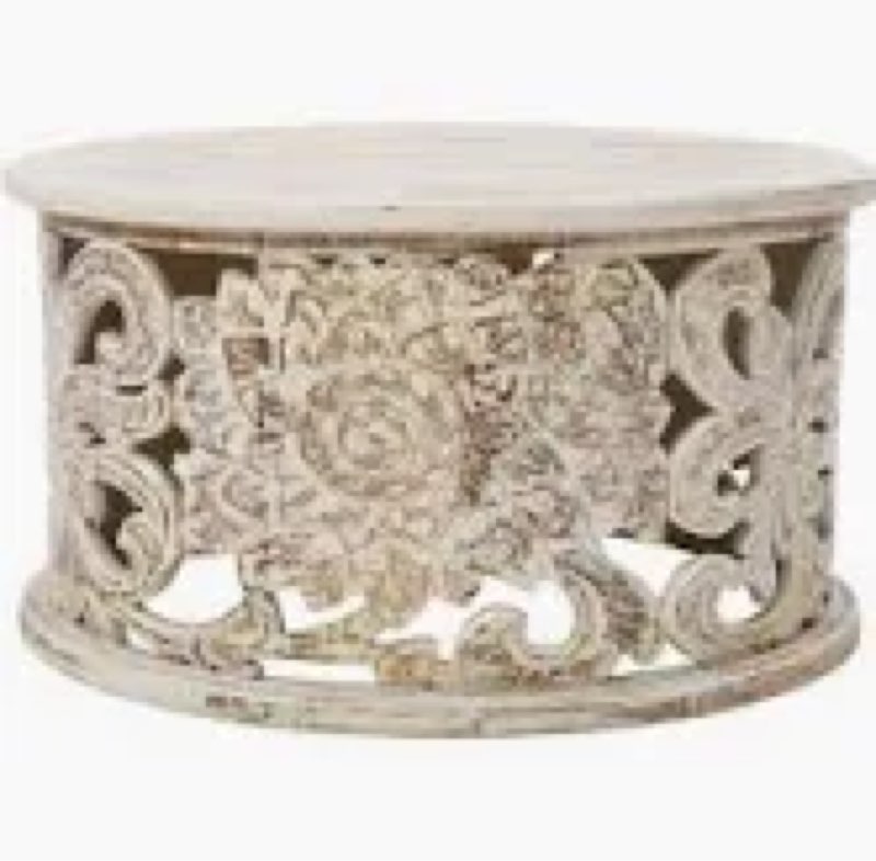 Hadlei Coffee Table Handcrafted Mango Wood Floral Carved Cut Out Design Distressed White Finish 33 Inch