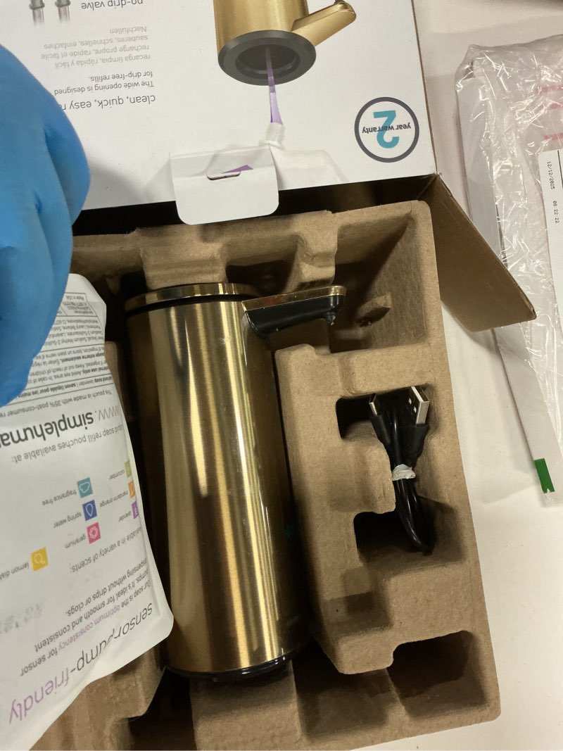 Condition photo showing As Is for simplehuman 9 oz. Touch-Free Automatic Rechargeable Sensor Pump, Brass Stainless Steel, New Brass 9 oz. Rechargeable (New)