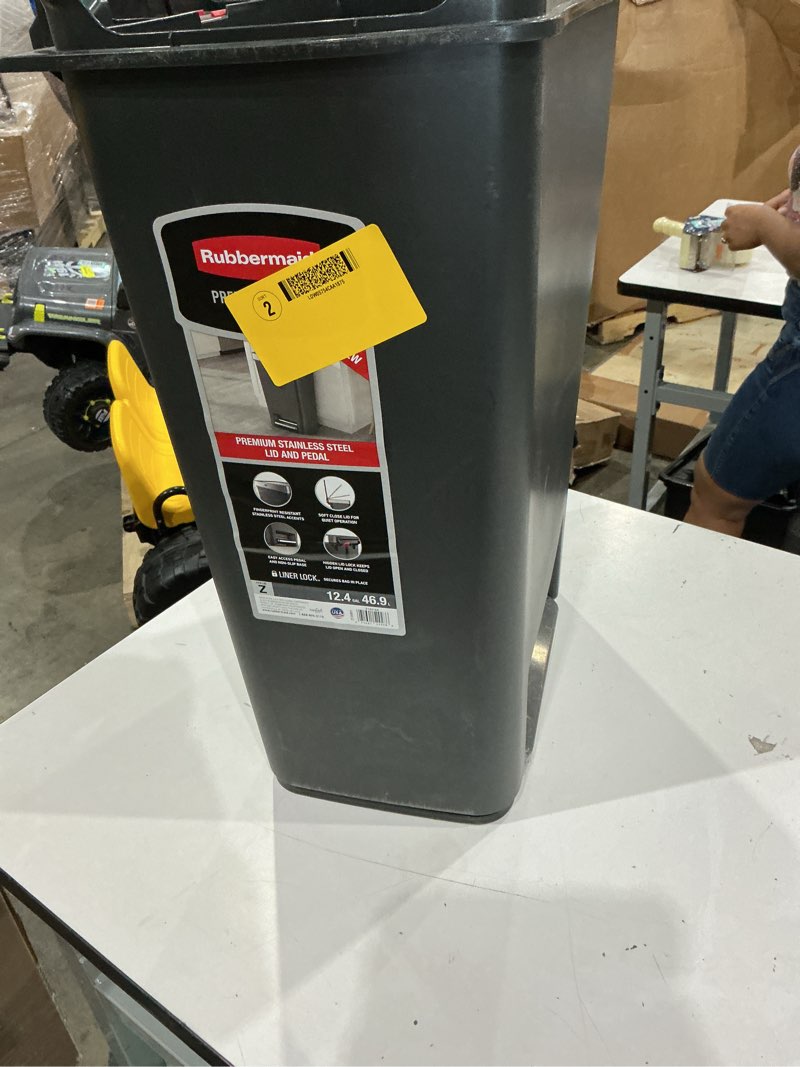Condition photo showing As Is for rubbermaid premier series iv 13-gallon charcoal resin indoor kitchen step trash can