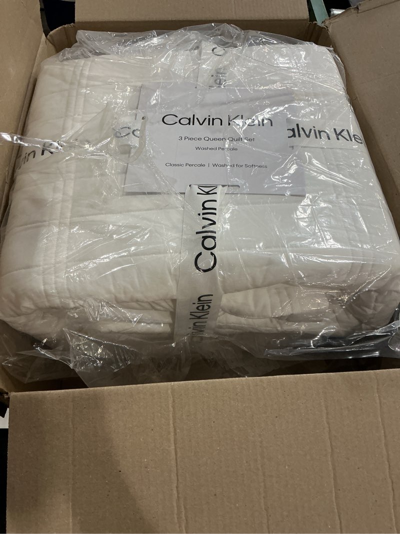 Condition photo showing New/Like New for Calvin Klein - Queen Quilt Set, Cotton Percale Weave Bedding with Matching Shams, Crisp & Cool, Oeko-Tex Certified (Washed Percale White) Queen White