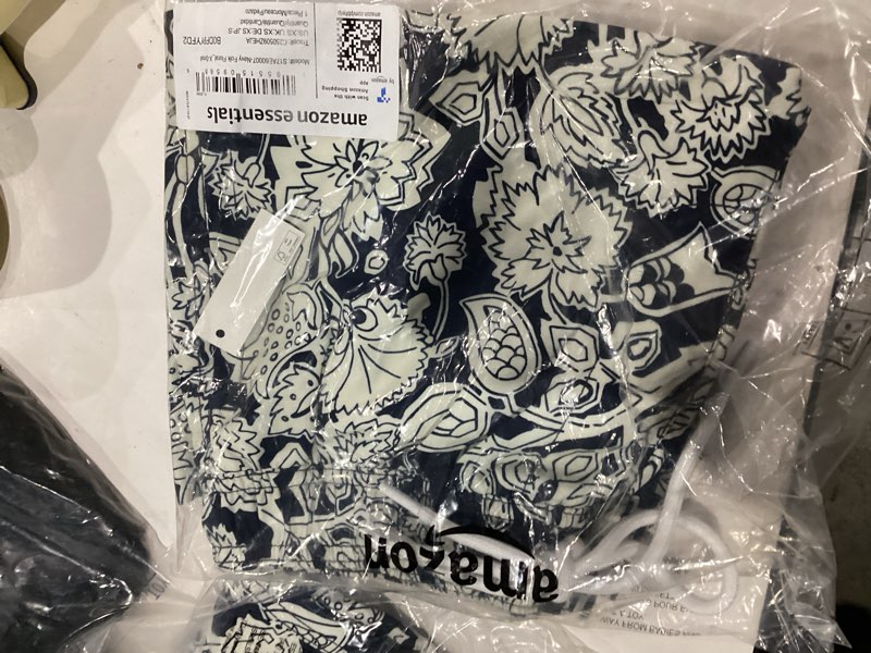 Condition photo showing New/Like New for Amazon Essentials Mens 9" Swim Trunks with Mesh Lining, Pockets, Drawstring Closure X-Small Navy Folk Floral