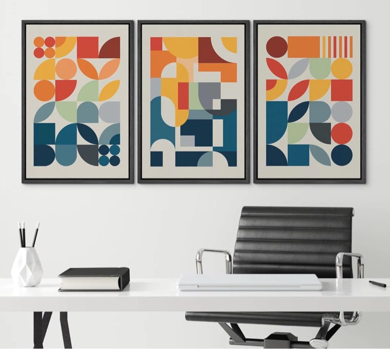 abstract vibrant color blocks orange blue mid century modern pictures canvas 3 pieces print wall art 24" h x 48" w