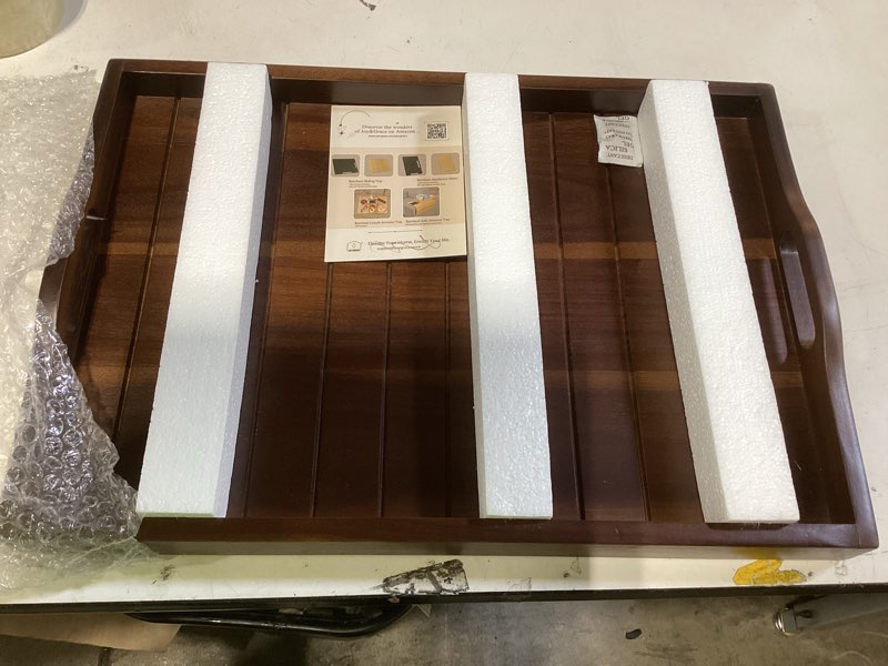 Condition photo showing Good Condition for large acacia wooden serving tray with handles 20 x 14 inch decorative coffee table ottoman tray for living room extra large for kitchen dinner food bar breakfast in bed (dark brown)