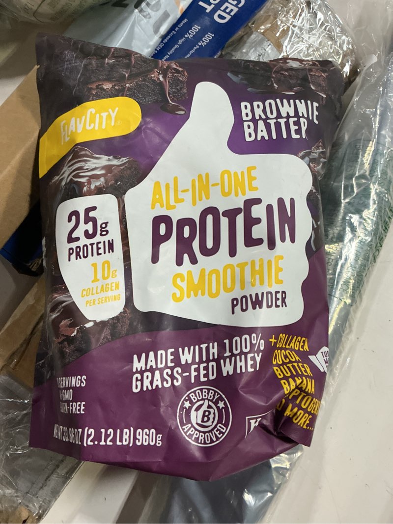 Condition photo showing New/Like New for ((b.b.01/27/28))flavcity all in one protein shake powder, brownie batter - on the go meal alternative + collagen peptides, reishi & cordyceps - focus, skin, hair & joint support - 100% grass fed whey, 20 servings