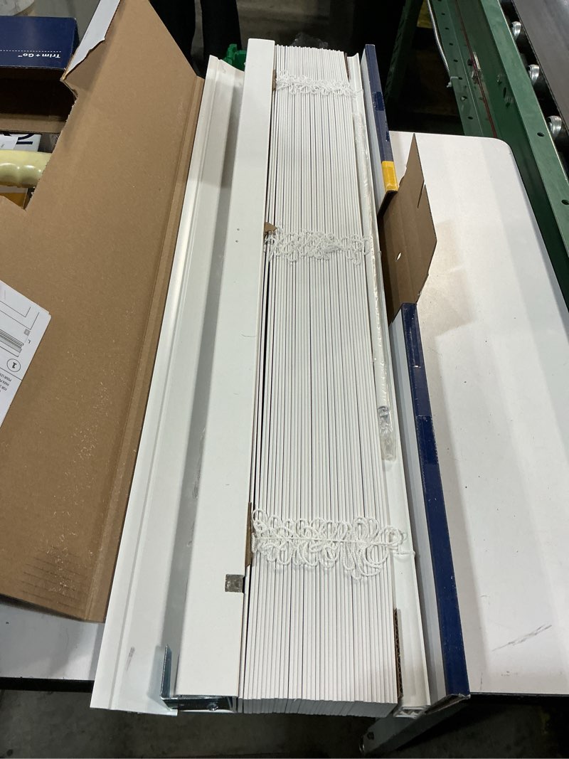 Condition photo showing As Is for levolor trim+go 2-in slat width 39-in x 64-in cordless white faux wood room darkening horizontal blinds