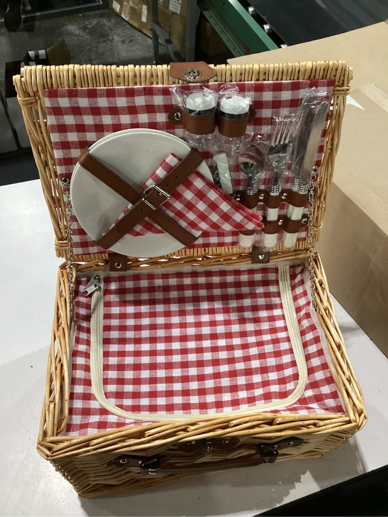 Condition photo showing Good Condition for happypicnic picnic basket set for 2 - wicker picnic basket with waterproof blanket & insulated liner, large handmade willow hamper with cutlery kit for outdoor, picnic, camping, party, holidays (red) red check