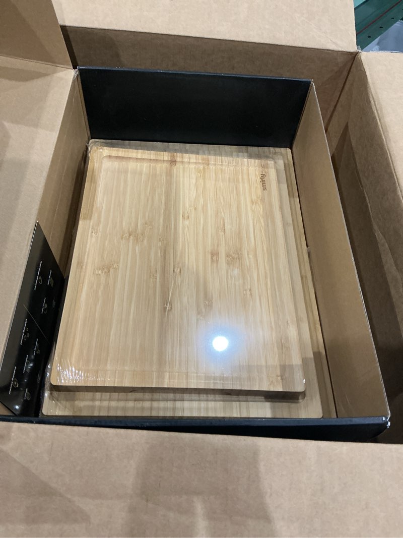 Condition photo showing Good Condition for smirly wooden cutting boards for kitchen meal prep & serving - bamboo cutting board set with holder, charcuterie & chopping board, wood cutting board set, kitchen gadgets natural bamboo 3 pack with holder