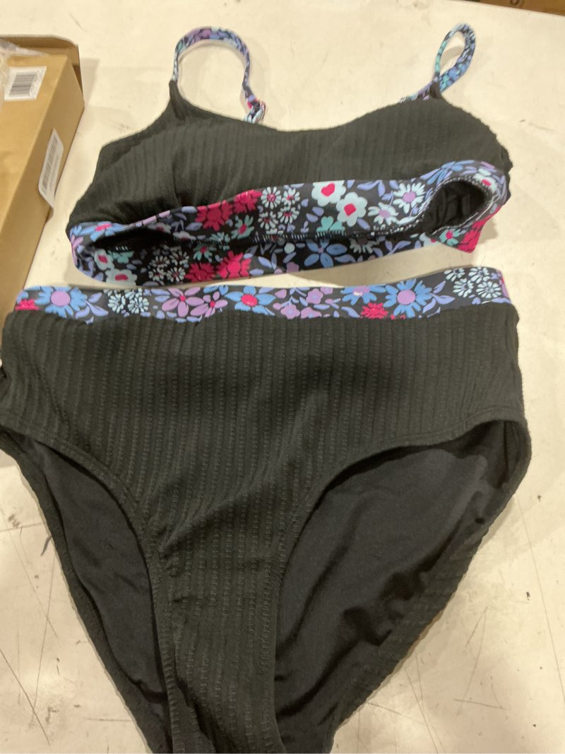 Condition photo showing Good Condition for herseas women's textured bikini sets floral print trim scoop neck swimsuits high waisted bathing suits large black floral