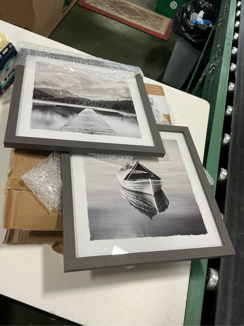 Condition photo showing Good Condition for Lake Dock Framed Wall Art: 2 Piece Forest Mountain Scene Photography Prints Modern Bedroom Black and White Landscape Pictures Boat Pier Artwork for Living Room Bathroom Home Office
