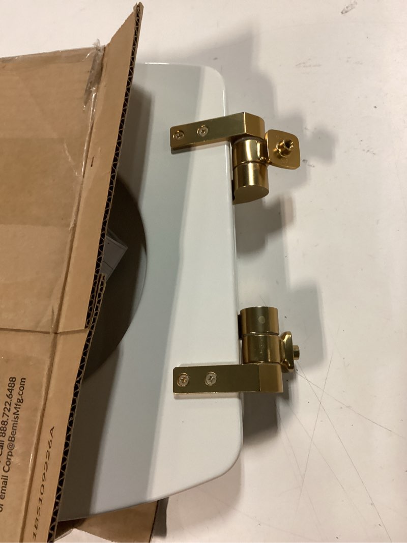 Condition photo showing Good Condition for Mayfair Bennett Toilet Seat with Brushed Gold Hinges, Slow Close Wood Seat, Secure Metal Hinges, Easy Install, Made in USA, Elongated, White Elongated Gold
