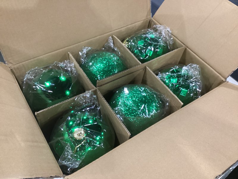 Condition photo showing New/Like New for Poen 12 Pcs 6 Inch Extra Large Christmas Ball Ornaments Outdoor Christmas Tree Decoration Hanging Plastic Balls Oversized Glitter Xmas Balls for Outside Lawn Yard Tree Decoration (Green)