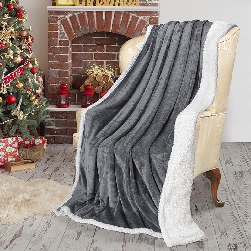 Sherpa Throw Plush Blanket Grey Bedding Fleece Reversible for Bed and Couch, Super Soft Comfy Warm Fuzzy TV Blanket