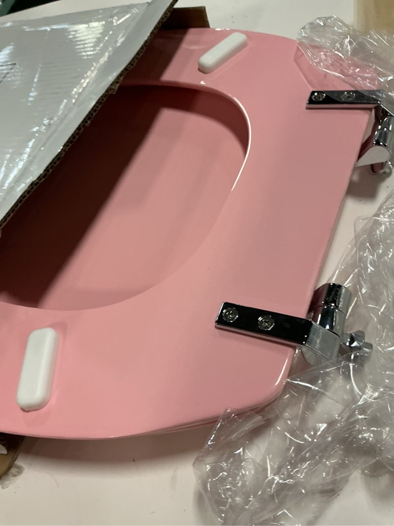 Condition photo showing Good Condition for Pink Elongated Toilet Seat Natural Wood Toilet Seat with Zinc Alloy Hinges, Easy to Install also Easy to Clean, Scratch Resistant Toilet Seat by Angol Shiold (Elongated, Pink) Elongated Pink
