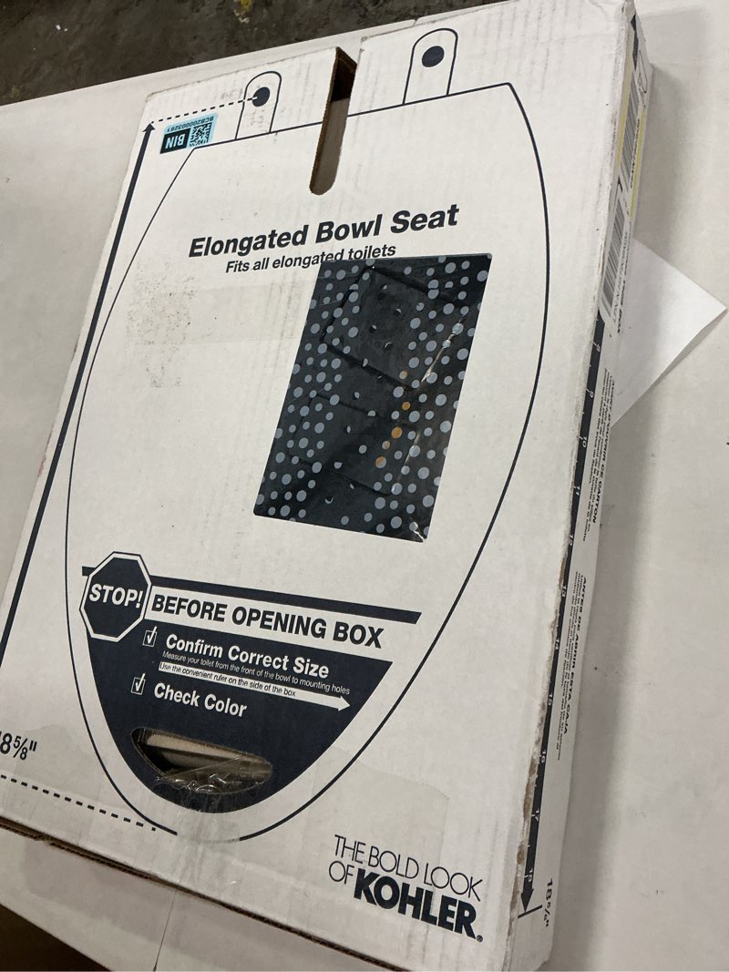 Condition photo showing New/Like New for kohler k-4774-47 brevia elongated toilet seat with quick-release hinges and quick-attach hardware for easy clean almond elongated almond