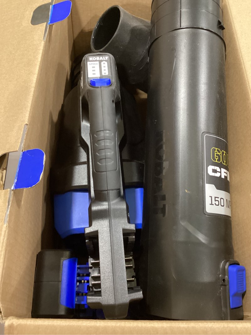 Condition photo showing As Is for kobalt 48v max (24vx2) 600 cfm / 150 mph handheld leaf blower kit, (2) 4.0ah batteries and charger included